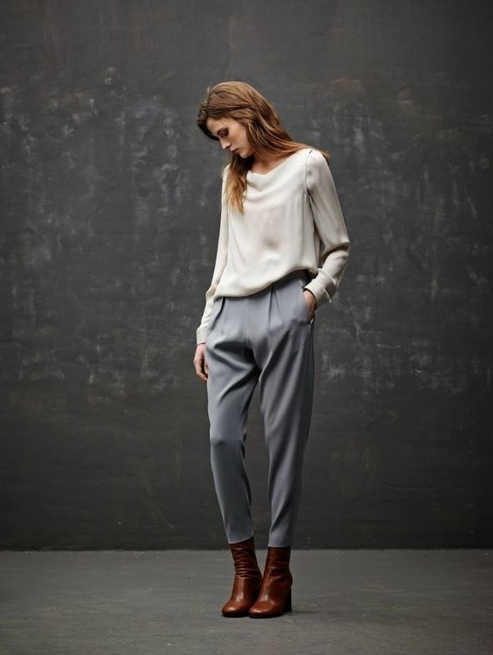 Tissu confortable et élégant pour blouse et pantalon moderne gris et blanc, idée pantalon a carreau femme, pantalon ecossais femme belle