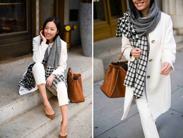 comment bien s'habiller femme, idée accessoire mode 2019, modèle d'écharpe blanc noir et gris à imprimé pied de poule